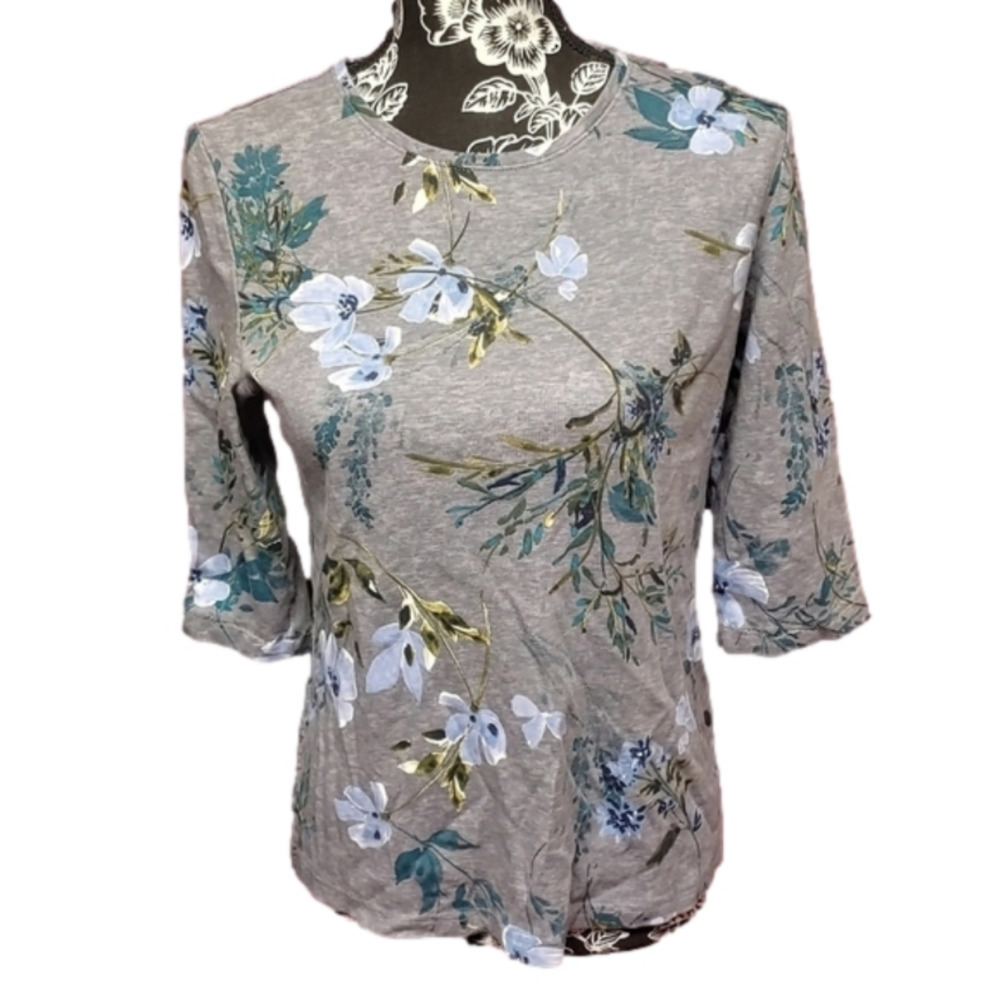 Croft & Barrow Gray Blue Floral 3/4 Sleeve Tunic Small
